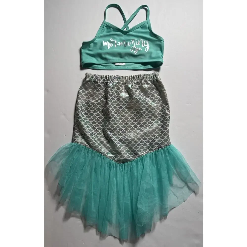 Floatimini Girls Size 6 Mermaid 3 Piece Swimsuit Bikini Tail Skirt Tulle Set